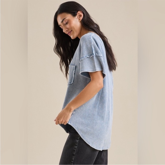 Altar'd State Turquoise Ribbed V-Neck Short Sleeve Top - Picture 2 of 12